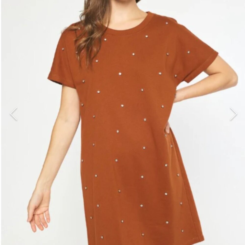 NWT Entro Brown Rhinestone Shift Dress Size L Casual Summer Sparkle